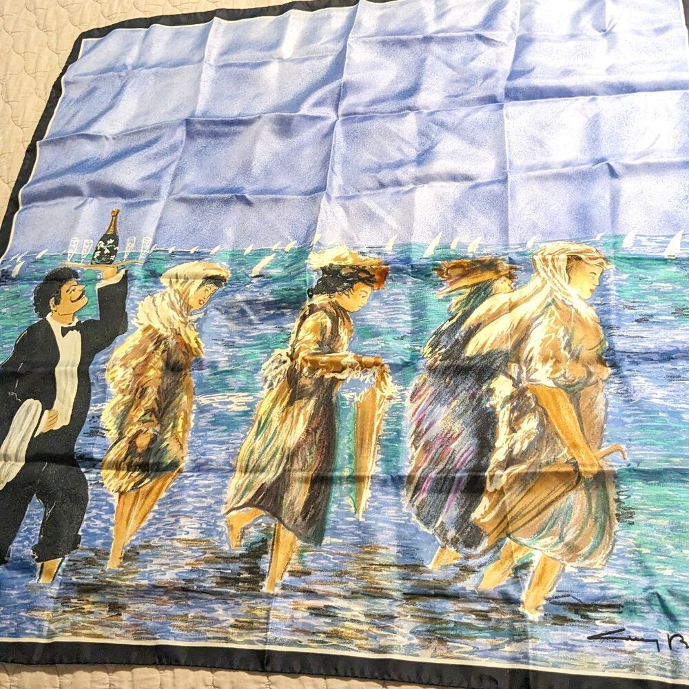 RARE Vintage GUY BUFFET "SUNDAY AT THE SEA" 1990 Silk Rolled Hem Scarf